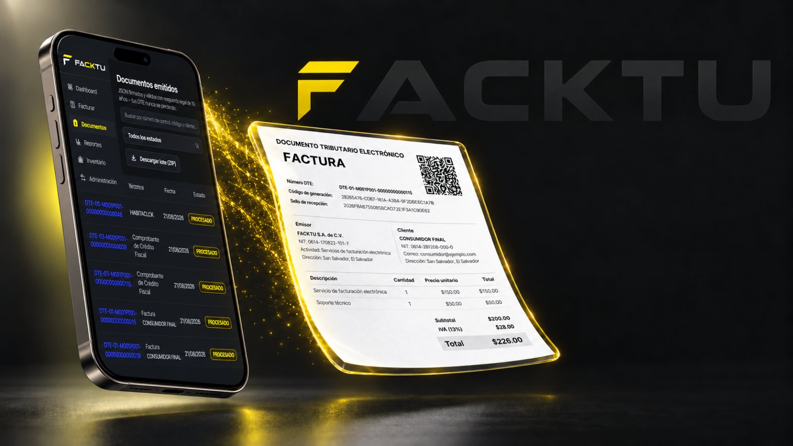 La aplicación de FACKTU en un teléfono, junto a una factura electrónica con su código de generación y su sello de recepción